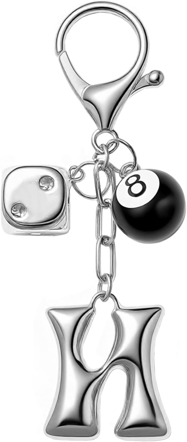 8 Ball Dice Keychain with Silver Bubble Initial - Y2K Aesthetic Cute Bag Purse Charms for Women