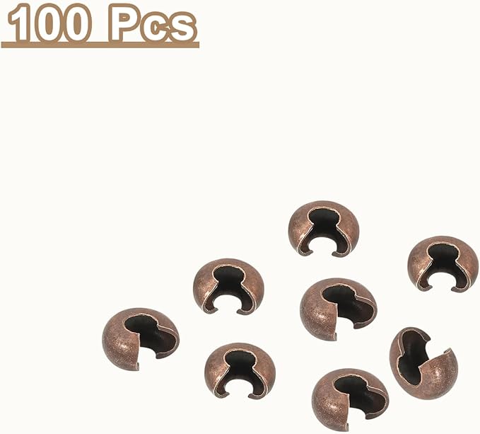 uxcell 100pcs Crimp Bead Covers, 4mm/0.16" Half Round Open Crimp Beads Knot Cover Metal Small Loose Beads End Tip for Bracelet Jewelry Making Craft DIY, Red Bronze