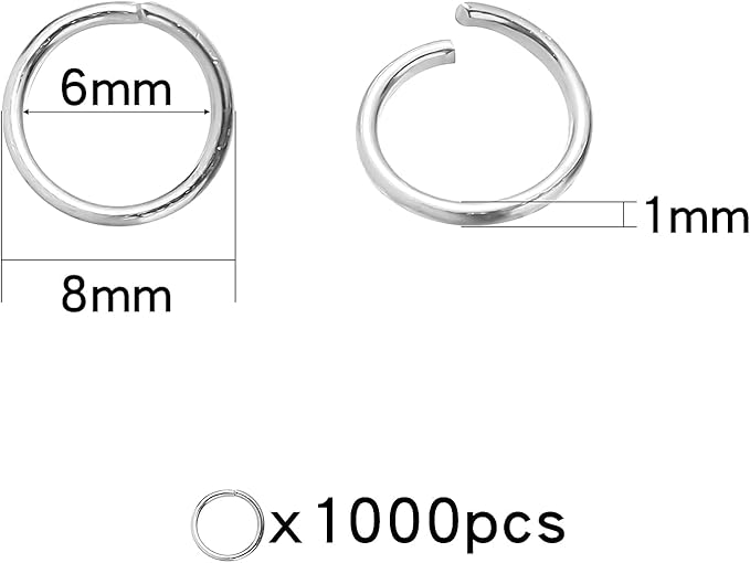 1000 Pcs 8mm Open Jump Rings Silver Plated Jump Rings for Jewelry Making Single Ring Bulk for DIY Craft Earring Necklace Bracelet Pendant Choker Jewelry Making Findings and Key Ring Chain