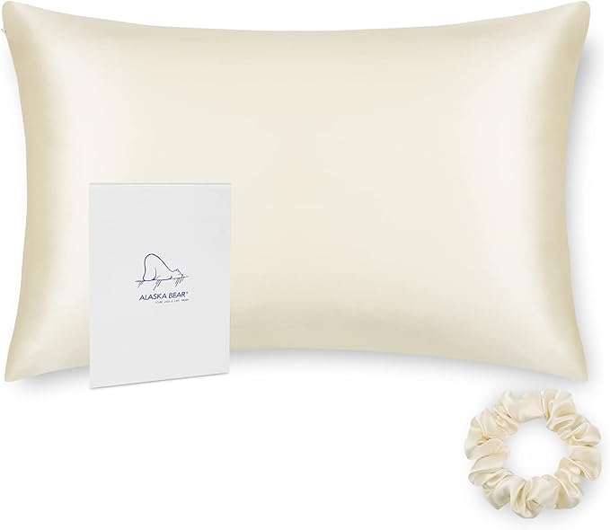 ALASKA BEAR Silk Pillowcase King Size for Hair and Skin Beauty Sleep 100% Organic Pillow Slip Case with Random Color Silk Scrunchie Gift Set (1pc, Cream)