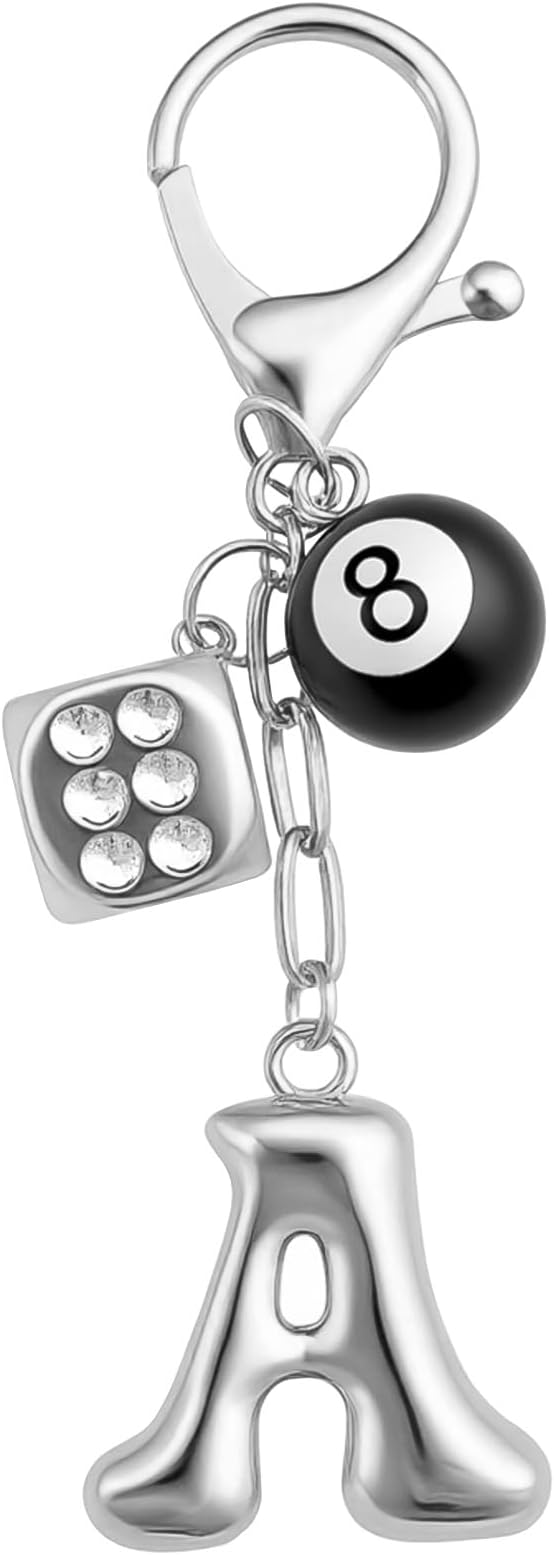 8 Ball Dice Keychain with Silver Bubble Initial - Y2K Aesthetic Cute Bag Purse Charms for Women