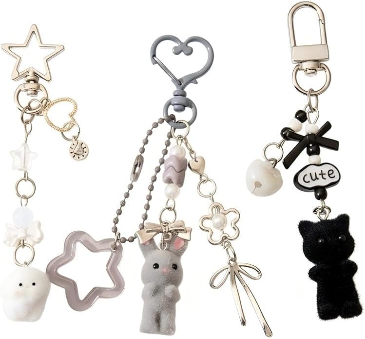 3 Pcs Aesthetic Y2K Keychain Accessories Bunny Dog Cat Keychain Pendant Star bow baseball pendant Bag Charms Backpack Handbag Charms Christmas Gifts