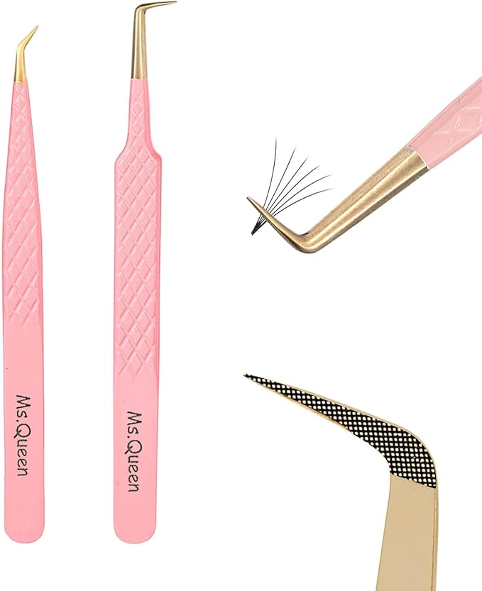 Ms.Queen Eyelash Extension Tweezers,2Pcs Fiber Tip 90 Degree Volume Tweezers and Isolation Lash Tweezers Set