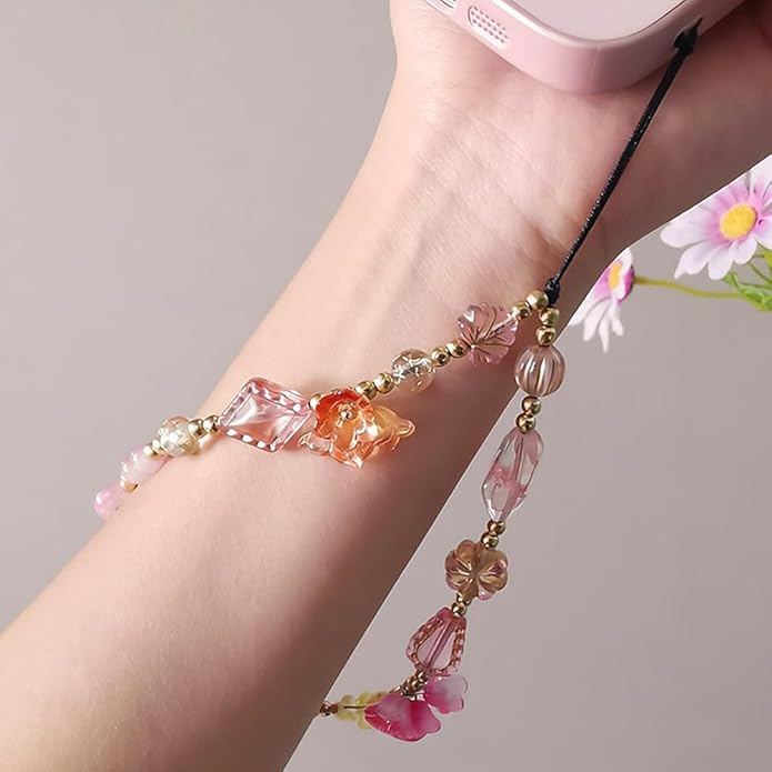 Resin Flower Phone Charm Wrist Strap Phone Chain Wristlet Beaded Camera Wrist Strap Cute Cellphone Charms Beaded Bag Charm Vintage Cellphone Keychain Aesthetic Purse Charms Decorations for Women