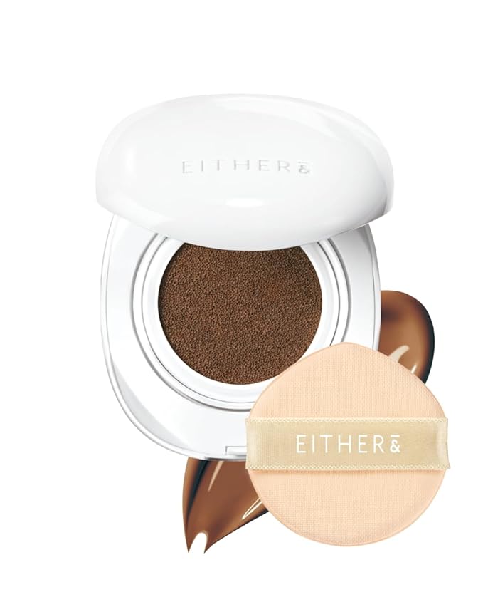 EITHER& Glow Pixel Cushion Foundation, Skincare Formula, Dewy Glass Skin, Lightweight & Long-Lasting 100H Wear, Buildable Hydrating Korean Cushion (32N Caramel, 12g)