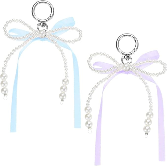 MECCANIXITY Pearl Bow Keychain, Y2k Aesthetic Imitation Pearl Bowknot Ribbon Keyring for Tote Bags Purse Handbag Charm