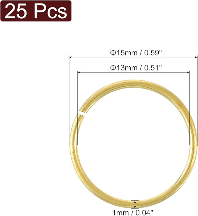 uxcell 25Pcs Open Jump Rings, 15mm/0.59" OD Brass Jump Ring Connectors 1mm Thick O Rings for Necklaces Bracelet Jewelry Making Keychain DIY Craft, Gold Tone