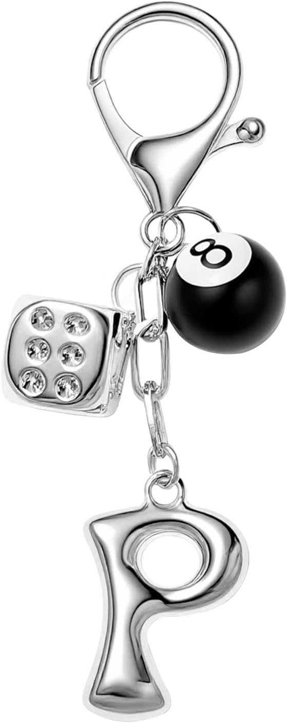 8 Ball Dice Keychain with Silver Bubble Initial - Y2K Aesthetic Cute Bag Purse Charms for Women