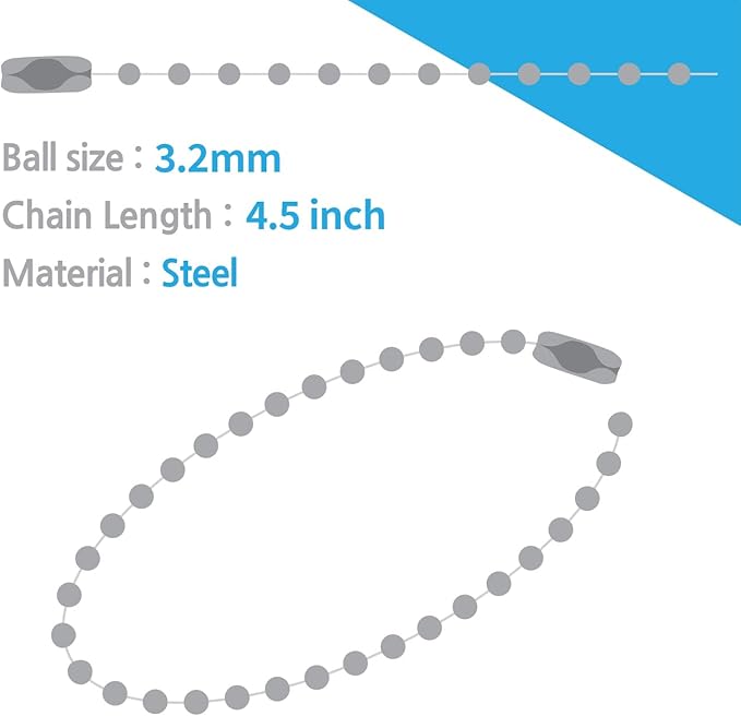 50-Pack 4-Inch Ball Chains with Connectors, 3.2mm Stainless Steel Beaded Chain for Dog Tags, Keychains, ID Tags, Necklace Chains, Crafts, Fan Pulls