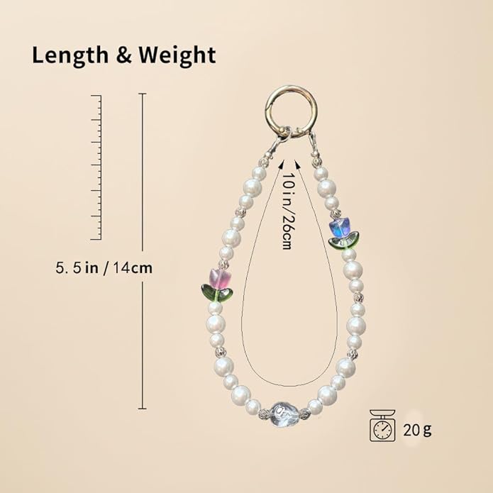 White Pearl Beaded Phone Bracelet wristlet,Cellphone Lanyard Charm Camera Wrist Strap with Pink and Blue Crystal Flowers, Green leaf, White and Pink