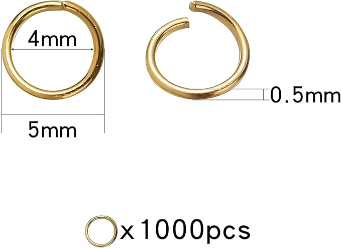 1000 Pcs 5mm Open Jump Rings Gold Plated Jump Rings for Jewelry Making Single Ring Bulk for DIY Craft Earring Necklace Bracelet Pendant Choker Jewelry Making Findings and Key Ring Chain (Gold, 5mm)