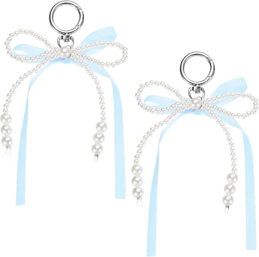 MECCANIXITY Pearl Bow Keychain, Y2k Aesthetic Imitation Pearl Bowknot Ribbon Keyring for Tote Bags Purse Handbag Charm