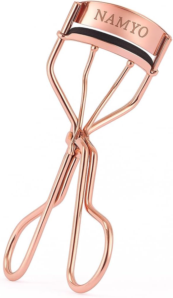 Namyo Premium Eyelash Curler Rose Gold Edition - Makeup Eyelash Tool with Lasting Lift and Precision Curl. Holiday Gift Ready Packaging. Soft Grip. Extra Silicone Refills. Travel Ready.