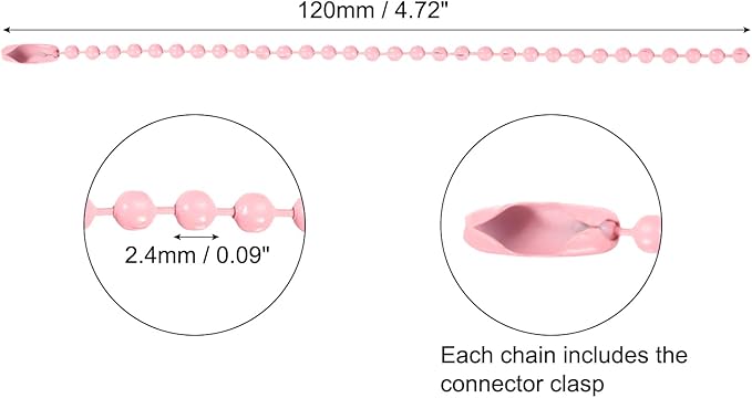 MECCANIXITY 20Pcs 5 Inch 12cm Ball Bead Chain, Metal Ball Chain with Connectors for Hanging Ornament Jewelry Necklace Dog Tag Keychain Christmas Decoration,Pink