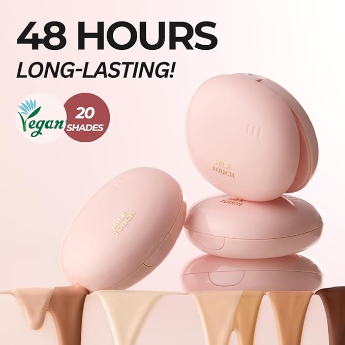 milktouch Cushion Foundation, 24H Flawless Skin, Radiant Shine, No Oxidation, Long-Lasting, Non-Creasing, 60% Hydrating Skincare Infused Korean, Stocking Stuffers, Christmas Gifts (19W Warm Ivory)