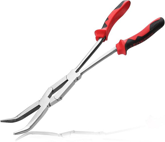 13 Inches Dual Pivot Pliers Double Joint Bent Long Nose Dual Material Pliers with Serrated Jaw 45 Degree Extra Long Reach Compound Action Pliers for Hard to Reach Narrow Spaces