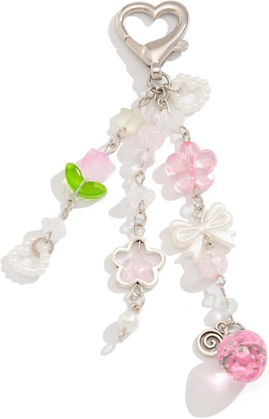 Angyape Cute Pink Strawberry Keychain Y2K Keychain Bow Flower Heart Pendant Bag Charms Kawaii Aesthetic Accessories for Women