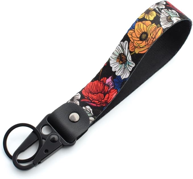 2 Pcs Classic Black & Floral Keychain Wristlet Lanyard for Women couples, Flower Wristlet Strap for Keys Hands-Free Wearable