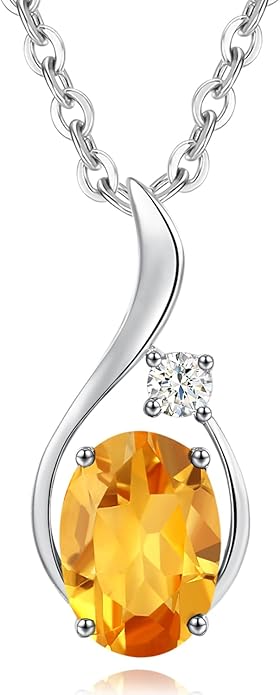 FANCIME 14K Solid White Gold Oval Gemstone Necklace with Diamond Pendant Gifts for Mom Women,16"+2" Inches