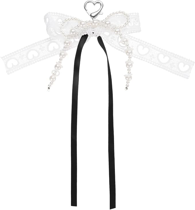 MECCANIXITY Pearl Bow Keychain, Y2k Aesthetic Hollow Heart Bowknot Ribbon Keyring, Cute Bag Charm for Tote Bags Purse Handbag