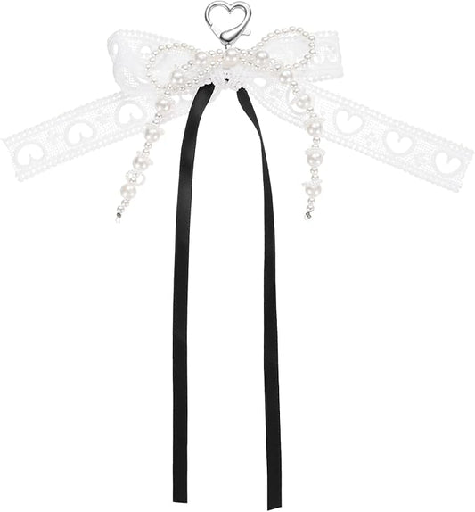 MECCANIXITY Pearl Bow Keychain, Y2k Aesthetic Hollow Heart Bowknot Ribbon Keyring, Cute Bag Charm for Tote Bags Purse Handbag