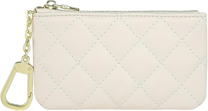 Premium Genuine Full Grain Leather Mini Coin Purse Keychain Pouch Card Holder for Men Women (Beige Quilted - LG)