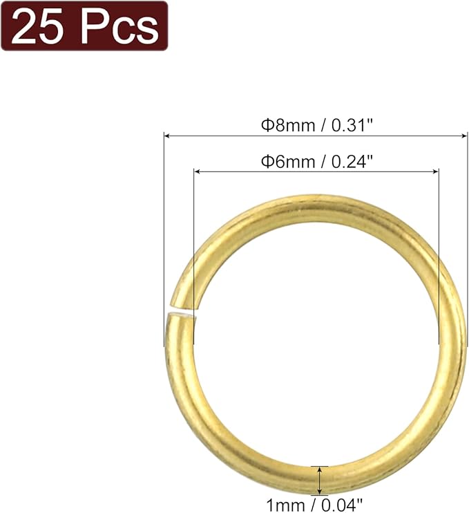 uxcell 25Pcs Open Jump Rings, 8mm/0.31" OD Brass Jump Ring Connectors 1mm Thick O Rings for Necklaces Bracelet Jewelry Making Keychain DIY Craft, Gold Tone