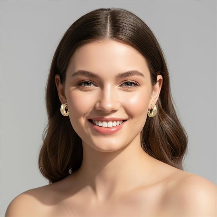 14K Gold Plated Hoop Earrings 14 Karat Gold Plated Earrings for Women Thick Small Diamond Hoop Earring X-shaped Hoops Earring for Women 20MM