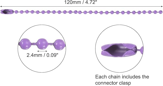 MECCANIXITY 20Pcs 5 Inch 12cm Ball Bead Chain, Metal Ball Chain with Connectors for Hanging Ornament Jewelry Necklace Dog Tag Keychain Christmas Decoration,Purple