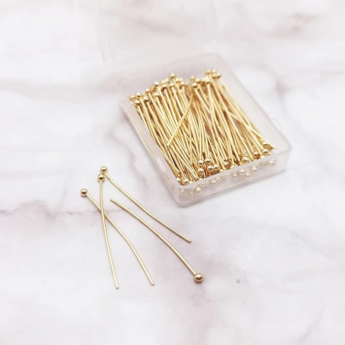 INSPIRELLE 100PCS Gold Plated Brass Ball Head Pins 22 Gauge Satin Pins for DIY Jewelry Making Findings - 30mm (1.2 Inch) Long