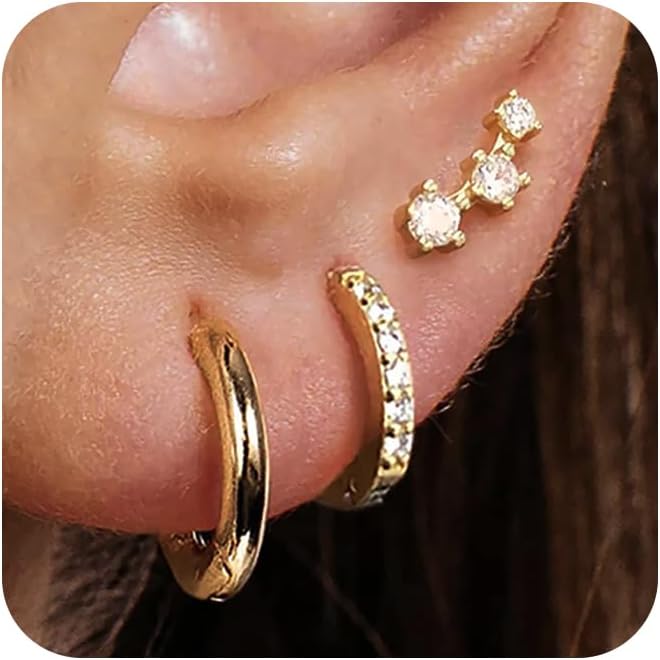 Freekiss 3 Pairs Gold Hoop Earrings Set: Dainty Stud Earrings Trendy Small 14K Gold Plated Hypoallergenic Dangle Cartilage Huggie Hoop Earrings for Women Gold Jewelry for Women Gifts