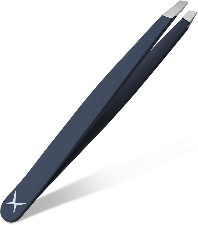 Professional Slant Tip Tweezers - Precision Stainless Steel Eyebrow Plucking Tool for Women and Men, Ingrown Hair Remover, Facial Hair Tweezers for Grooming (Velvet Navy)