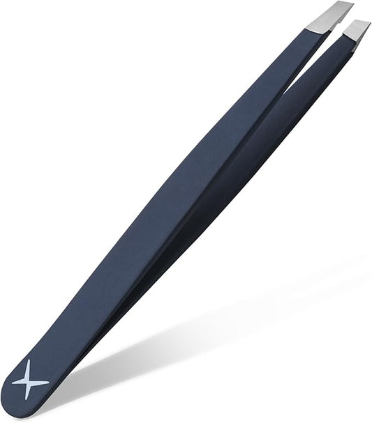 Professional Slant Tip Tweezers - Precision Stainless Steel Eyebrow Plucking Tool for Women and Men, Ingrown Hair Remover, Facial Hair Tweezers for Grooming (Velvet Navy)