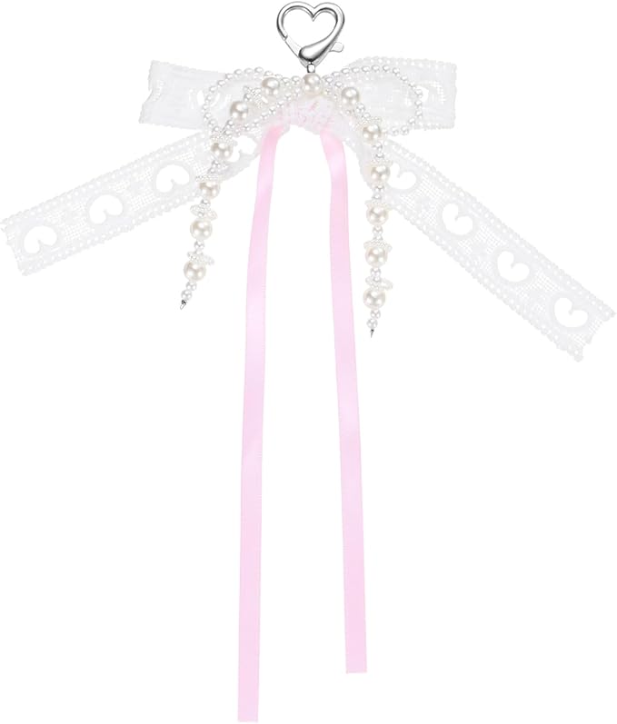 MECCANIXITY Pearl Bow Keychain, Y2k Aesthetic Hollow Heart Bowknot Ribbon Keyring, Cute Bag Charm for Tote Bags Purse Handbag