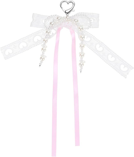 MECCANIXITY Pearl Bow Keychain, Y2k Aesthetic Hollow Heart Bowknot Ribbon Keyring, Cute Bag Charm for Tote Bags Purse Handbag