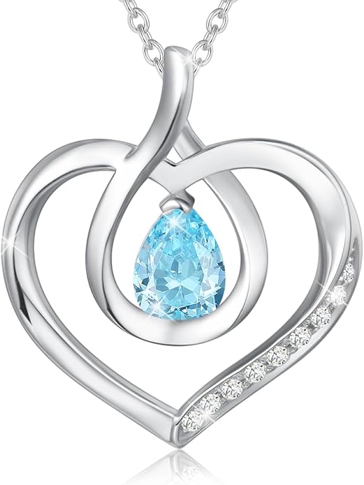 AGVANA Christmas Gifts Heart Birthstone Necklace for Women Sterling Silver Genuine or Created Gemstone Forever Love Pendant Necklace Fine Jewelry Anniversary Birthday Gifts for Women Mom Wife