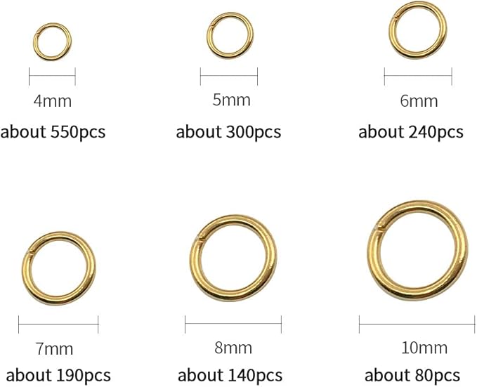 1500Pcs Mixed 6 Sizes Open Jump Rings,4mm 5mm 6mm 7mm 8mm 10mm Jump Ring Jewelry Keychain for Jewelry Making Accessories with 1Pcs Jump Ring Open/Close Tool and 1Pcs Storage Box (Gold)