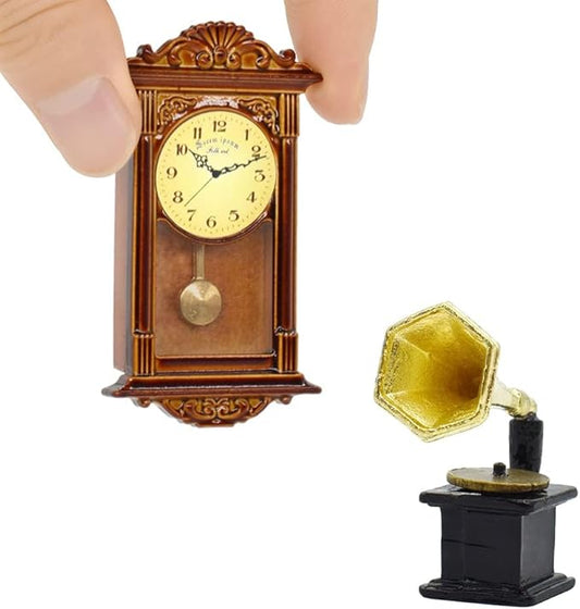 iLAND Miniature Dollhouse Accessories on 1:12 Scale, Grandfather Wall Clock and Record Player, elf Accessories