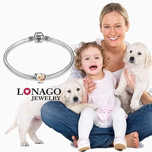 LONAGO 925 Sterling Silver Personalized Photo Charm Fit Compatible for Bracelet Necklace Customized Heart Round Shape Picture Bead