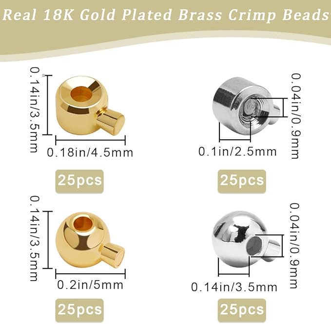 Beebeecraft 1 Box 100Pcs Crimp Beads for Jewelry Making 18K Gold & Platinum Plated Spacer Beads Ball Column Stopper Crimp Charms for Bracelet Necklace Ends Accessories