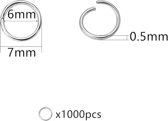 1000 Pcs 7mm Open Jump Rings Rhodium Plated Jump Rings for Jewelry Making Iron Made Single RingsBulk for DIY Craft Earring Necklace Bracelet Pendant Choker Jewelry Making Finding