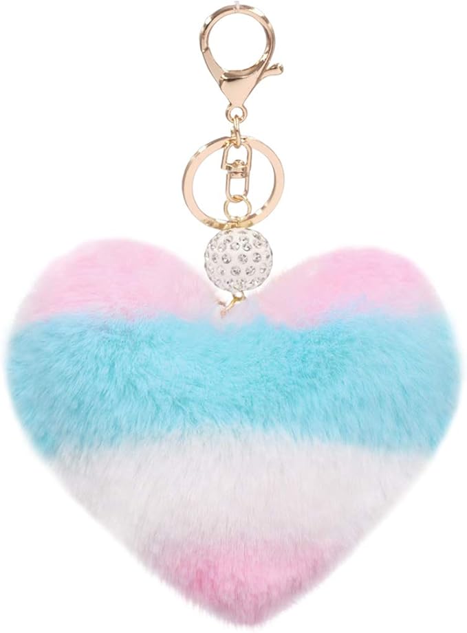 Women's Heart Faux Fur Pom Pom Key Chains Bag Accessory Puffball Keyring Backpack Charms for Girls