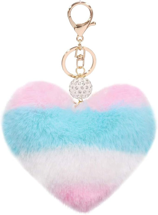 Women's Heart Faux Fur Pom Pom Key Chains Bag Accessory Puffball Keyring Backpack Charms for Girls