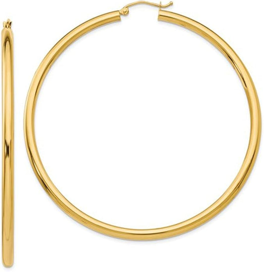 14K Yellow Gold Classic Real Hoop Earrings, (3mm Thick Tube)