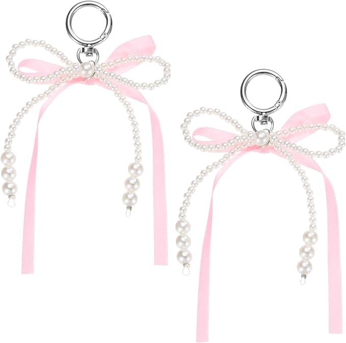 MECCANIXITY Pearl Bow Keychain, Y2k Aesthetic Imitation Pearl Bowknot Ribbon Keyring for Tote Bags Purse Handbag Charm