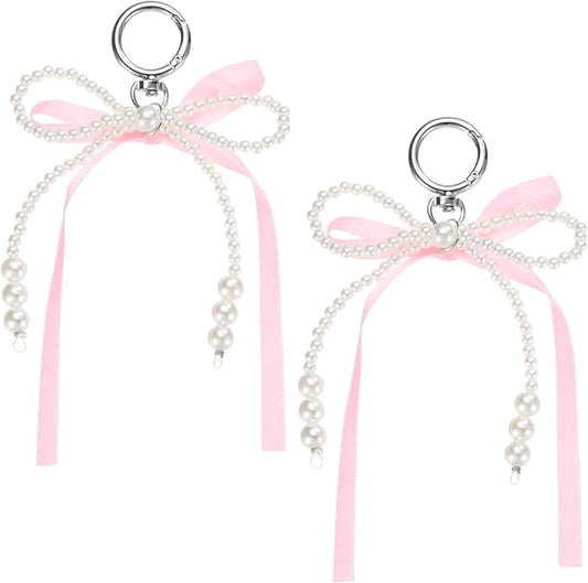 MECCANIXITY Pearl Bow Keychain, Y2k Aesthetic Imitation Pearl Bowknot Ribbon Keyring for Tote Bags Purse Handbag Charm