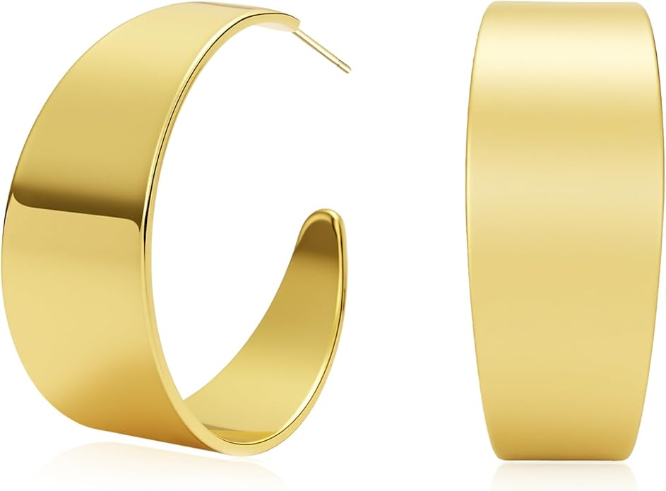 Eyeshock Chunky Gold Hoops Hypoallergenic Thick Statement Earrings for Women 18K Gold Plated Wide Hoop Earrings with Sterling Silver Post
