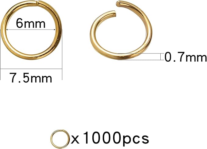 1000 Pcs 7mm Open Jump Rings Gold Plated Jump Rings for Jewelry Making Single Ring Bulk for DIY Craft Earring Necklace Bracelet Pendant Choker Jewelry Making Findings and Key Ring Chain (Gold, 7mm)