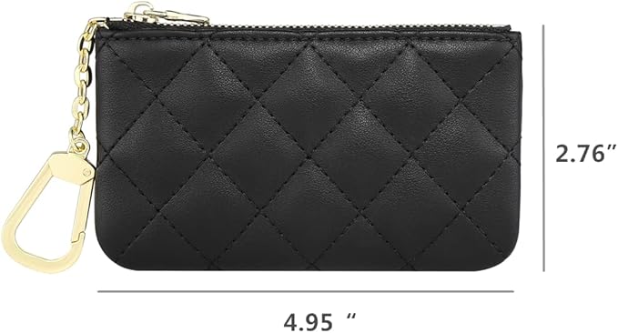 Premium Genuine Full Grain Leather Mini Coin Purse Keychain Pouch Card Holder for Men Women (Black Quilted - LG)