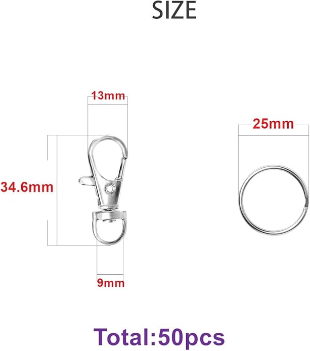 Swivel Snap Hooks with Split Key Rings Premium Metal Silver Lobster Claw Trigger Clasps for Keychain Clip Lanyard Bag Purse Tag Jewelry Making Crafts